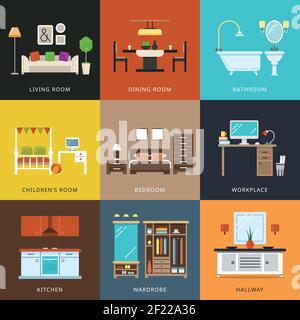 Interior of different rooms types. Furniture for home, hallway and wardrobe, workplace and living,comfort house. Vector illustration in flat style Stock Vector