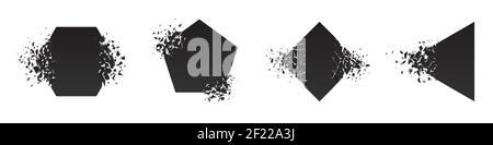 Shape shattered and explodes flat style design vector illustration set isolated on white background. Pentagon, triangle, rhombus, hexagon shapes in gr Stock Vector