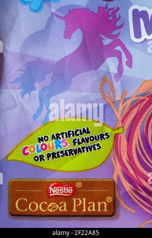 no artificial colours flavours or preservatives and Nestle Cocoa plan - detail on packet of Unicorn edition Smarties mini eggs from  Nestle Stock Photo