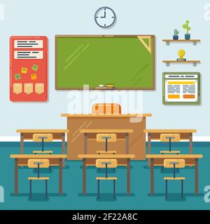 School classroom with chalkboard and desks. Class for education, board, table and study, blackboard and lesson. Vector flat illustration Stock Vector