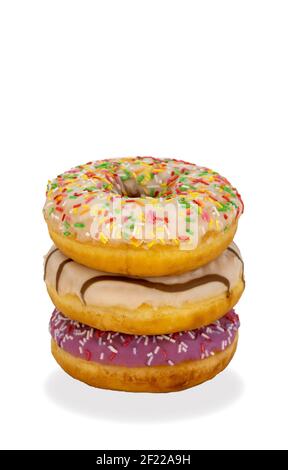 delicious doughnuts on a white background. rounded or ring-shaped, deep-fried bakery product.  Stock Photo