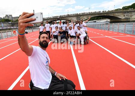 Wheelchair tennis player Michael Jeremiasz takes selfie with handisport French athletes David Smetanine, Cyrille More, Nantenin Keita, Mathieu Bosredon and French Paralympic Committee President Emmanuelle Assmann during the Olympics days for Paris 2024 Candidacy, in Saint-Denis, France, on June 24, 2017 - Photo Stephane Kempinaire / KMSP / DPPI Stock Photo