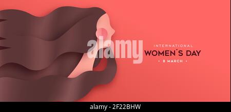 International Women's Day web banner illustration. Beautiful paper cut woman with long hair for March 8th women rights event holiday. Stock Vector