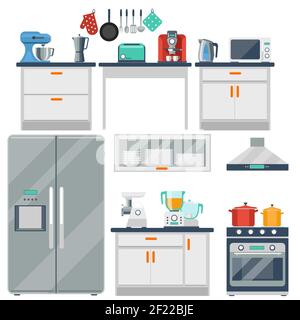 Flat vector kitchen with cooking tools, equipment and furniture. Refrigerator and microwave, toaster and cooker, blender and grinder illustration Stock Vector