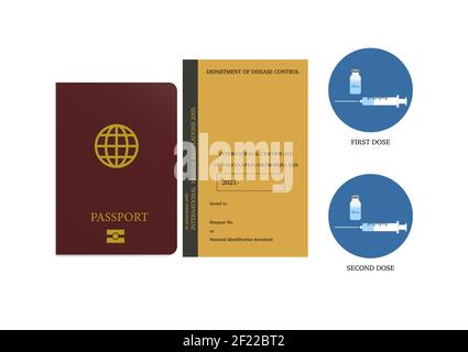 Vaccine passport for travel after two dose of covid-19 vaccination. Illustration of passport, vaccination certificate and covid-19 vaccine. Stock Vector