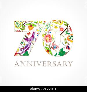 70 years old luxurious celebrating folk logo. Template colored happy anniversary greetings, ethnics flowers, plants, paradise flying birds. Set of tra Stock Vector