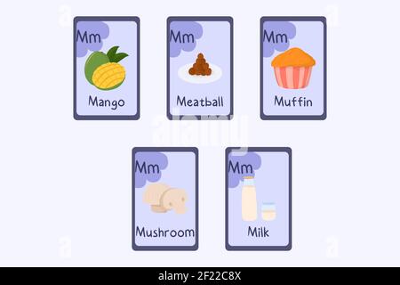 Colorful alphabet flashcard Letter M - mango, meatball, muffin, mushroom, milk. Food themed cards for teaching reading with foods, vegetables, fruits and nuts. Series of ABC. Stock Vector