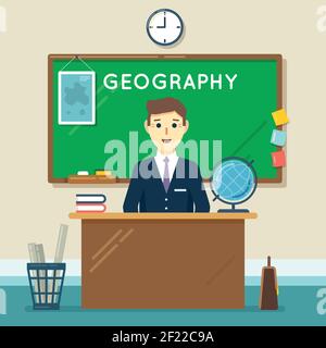 School teacher in classroom. Geography lesson. Education and learning, knowledge study. Vector illustration in flat style Stock Vector