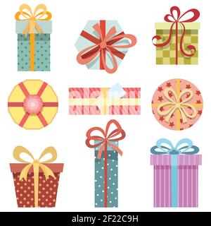 Vector present boxes. Set of gift boxes in different shapes and different wrapping paper on a white background Stock Vector