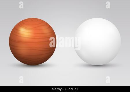 Realistic white ball and wooden sphere. Round shape, geometry globe figure, vector illustration Stock Vector