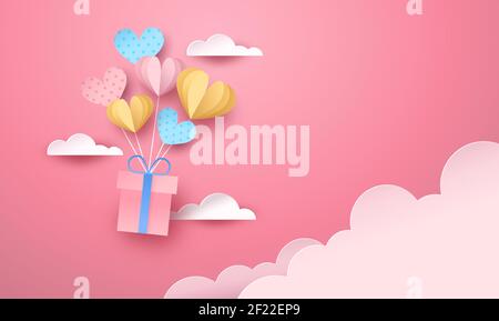 Papercut pink gift box flying in cloud sky with 3d heart balloons for valentine's day or romantic date background. Realistic paper craft design of lov Stock Vector