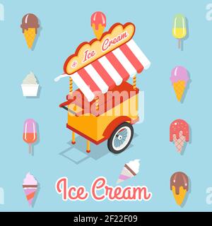 Trolley for sale of ice cream. Set of different kinds of ice cream on a stick and waffle cup. Vector illustration Stock Vector
