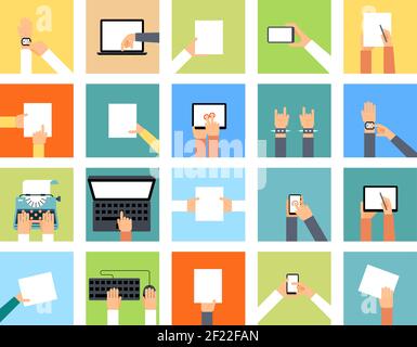 Flat hand icons holding various devices and hands are doing different actions. Smart watch, laptop and paper, pointing computer, keyboard and typewrit Stock Vector