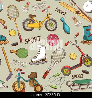 vintage hand drawn sports and action games seamless pattern Stock Vector