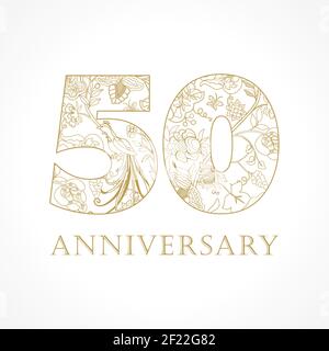 Creative logo concept of 50th anniversary in ethnic patterns and birds of paradise. Isolated abstract graphic design template. Top 50 sign. Stock Vector