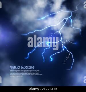 Thunderstorm with clouds and lightnings. Thunderbolt flash, electricity energy. Vector illustration abstract background Stock Vector