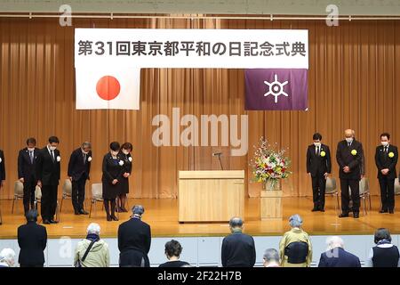 Tokyo, Japan. 10th Mar, 2021. Tokyo Governor Yuriko Koike and Ambassador Extraordinary and Plenipotentiary of Eritrea, Mr. Estifanos Afeworki Haile and Bereaved family of victims of the Tokyo air raid attends the 31st Tokyo Peace Day Memorial Ceremony in Tokyo, Japan on March 10, 2021. (Photo by Kazuki Oishi/Sipa USA) **Japan Out** Credit: Sipa USA/Alamy Live News Stock Photo