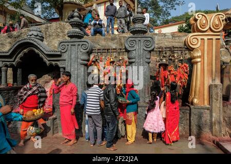 Guwahati, India - January 2021: People making offerings in the Kamakhya Temple on January 18, 2021 in Guwahati, Assam, India. Stock Photo