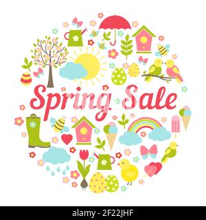 Decorative circular Spring Sale Sign with a busy vector design depicting symbolic Springtime favourites  Easter and the weather in fresh pastel colors Stock Vector