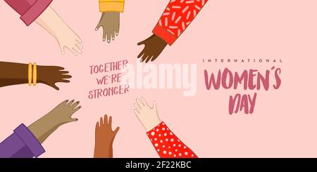 International Women's Day banner illustration of diverse women hands united together for female rights campaign or woman freedom holiday event. Stock Vector