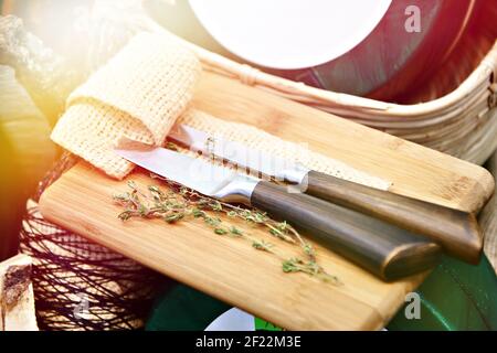 Kitchen knives on a cutting board Stock Photo