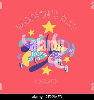 International Women's day greeting card illustration of two women friends doing high five together. Happy young girl characters in modern flat cartoon Stock Vector