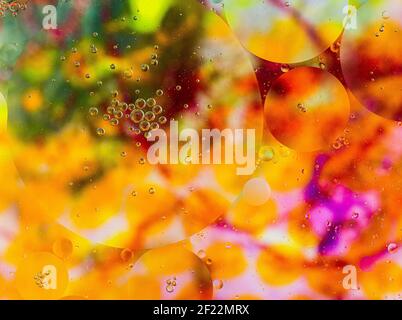 Bubbles on colourful background, oil bubbles on orange, yellow, pink, green background, soap and oil, oil bubbles in water with colourful backdrop Stock Photo