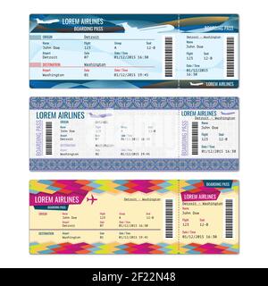 Airplane vector tickets set for plane, flight airline, pass boarding illustration Stock Vector