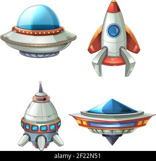 Spaceship and UFO vector set in cartoon style. Rocket and spacecraft, futuristic transportation, collection ship illustration Stock Vector