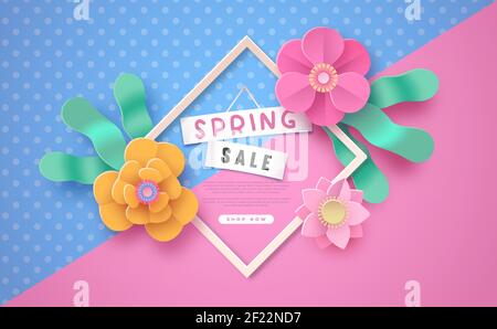 Spring season sale template illustration. Special discount promotion, pink paper cut flower frame background with papercut floral decoration. Seasonal Stock Vector