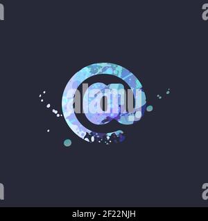 Commercial at with effect of liquid spots of paint in blue, white, purple colors on dark navy background. Decoration element for winter design of a flyer, poster, calendar, cover, title. Vector EPS10 Stock Vector