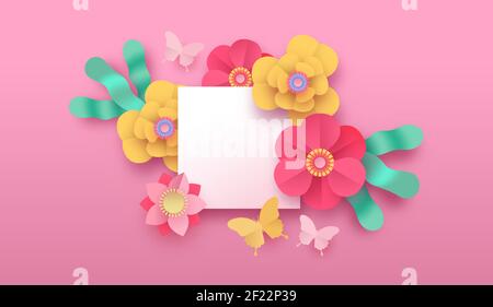 Papercut flower template illustration in realistic 3d paper craft style. Colorful flowers, garden butterfly and leaves with empty white frames. Romant Stock Vector