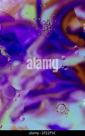 Bubbles on colourful background, oil bubbles on purple, orange,  background, soap and oil, oil bubbles in water with colourful backdrop
