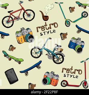 hand drawn vector retro technique pattern seamless background: camera bike skate film Stock Vector