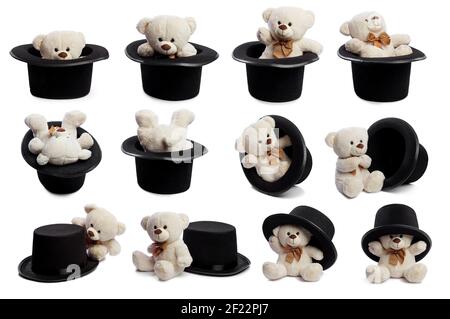 Isolated teddy bear with black hat on perfectly white background Stock Photo