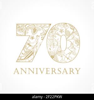 Creative logo concept of 70th anniversary in ethnic patterns and birds of paradise. Isolated abstract graphic design template. Top 70 sign. Stock Vector