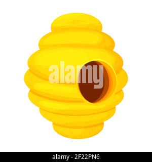 Yellow hanging wild beehive in cartoon style isolated on white background. Bee nest, house. Detailed drawing, apiary element. . Vector illustration Stock Vector