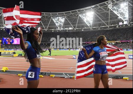 Kori Carter (USA) competes and wins the Gold medal and Dalilah Muhammad (USA) wins the Silver on Women's 400 m Hurdles final during the Athletics World Championships 2017, at Olympic Stadium, in London, United Kingdom, Day 7, on August 10th, 2017 - Photo Stéphane Kempinaire / KMSP / DPPI Stock Photo