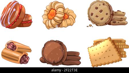 Cookies vector icons set in cartoon style. Bakery element, snack nutrition, tasty dessert, roll yummy, pastry eat illustration Stock Vector