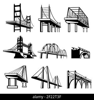 Bridges in perspective vector icons set. Architecture construction, urban road structure engineering object illustration Stock Vector
