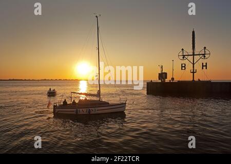 Sailing ship and semaphore at sunset, Bremerhaven, Bremen, Germany, Europe Stock Photo