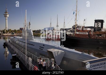 Museum harbor with the Wilhelm Bauer submarine, German Maritime Museum, Bremerhaven, Germany, Europe Stock Photo