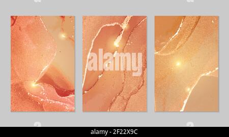 Peach pink and gold pattern with texture of geode and sparkles. Abstract vector background in alcohol ink technique. Modern paint with glitter. Set of Stock Vector