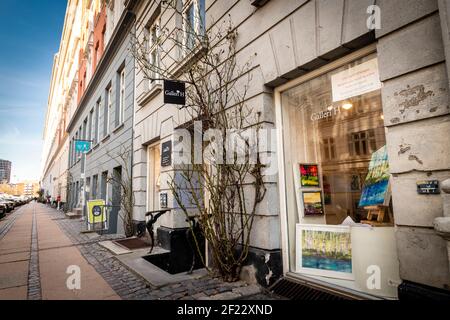 Rørholmsgade is a street in Copenhagen that is predominantly occupied by artists and art galleries. Stock Photo