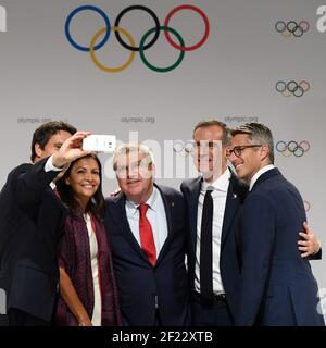 Co-President of Paris 2024 Tony Estanguet takes selfie with Mayor of Paris Anne Hidalgo, IOC President Thomas Bach, Mayor of Los Angeles Eric Garcetti and President of Los Angeles 2028 Casey Wasserman during the Olympic and Paralympic Games 2024 host city election, Lima, September 13, 2017, Photo Philippe Millereau / KMSP / PARIS 2024 / DPPI Stock Photo