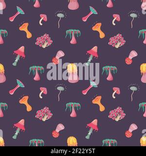Fantasy alien mushroom seamless pattern on dark purple background. Fantastic concept art for decorative design. Asset for game. Yellow, pink, orange mushroom. Stock Vector