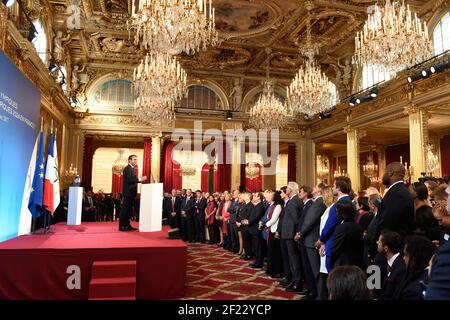 President of French Republic Emmanuel Macron during the reception in honor of the French delegation Paris 2024, Elysée Palace, Paris, September 15, 2017, Photo Jean-Marie Hervio / KMSP / PARIS 2024 / DPPI Stock Photo