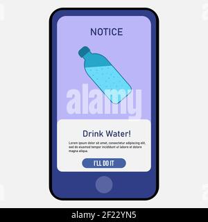 Time to drink water. Notification on your mobile. Concept of the benefits of drinking water. Flat style vector illustration Stock Vector