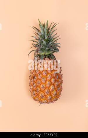 Top view of fresh pineapple with tropical palm and monstera leaves on pastel orange table background. Stock Photo