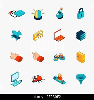 Set of isometric 3D internet security web icons. Login and password, trojan and virus and warning. Vector illustration Stock Vector